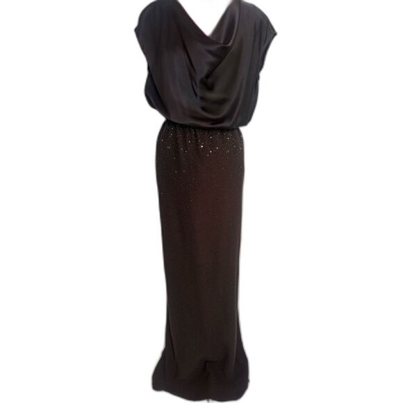 St John Maxi Dress Women's Size 2 Brown Shimmer & Satin Cowl Neck Short Sleeve - Picture 1 of 15